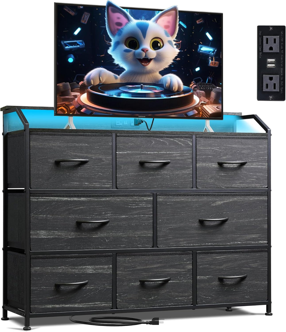 WLIVE Dresser for Bedroom, 8 Drawer LED Dresser, Black Wood Grain