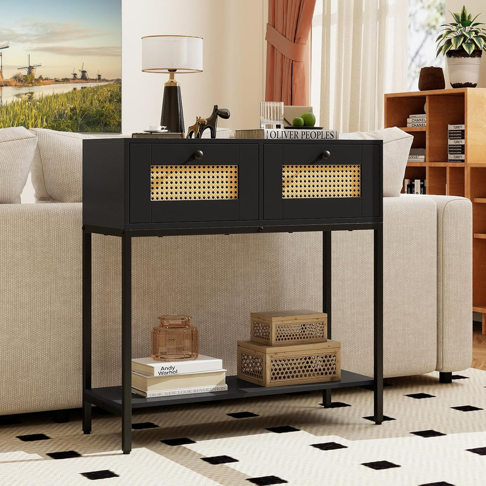 GOFLAME Rattan Console Table, Boho Entryway Table with 2 Drawers & Open S...