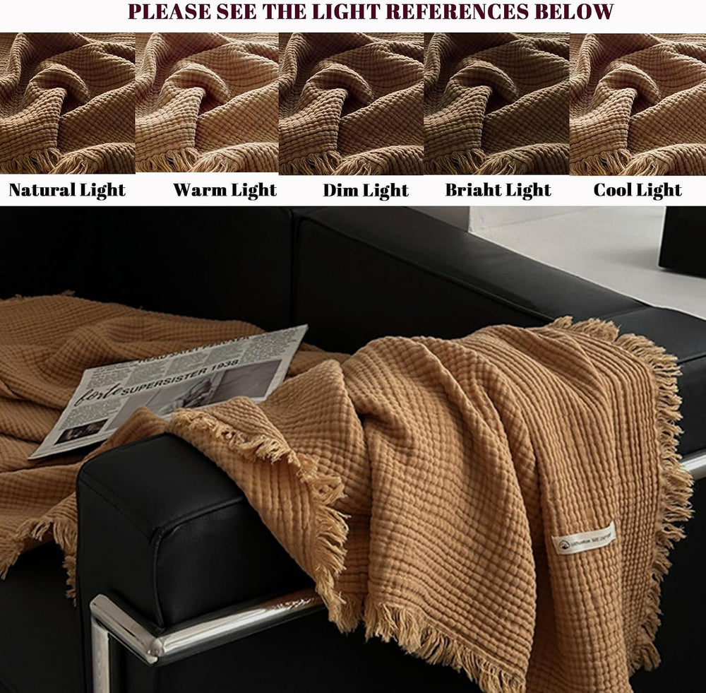 100% Cotton Muslin Throw Blanket with Fringes 50"x60", 4-Layer Cott...