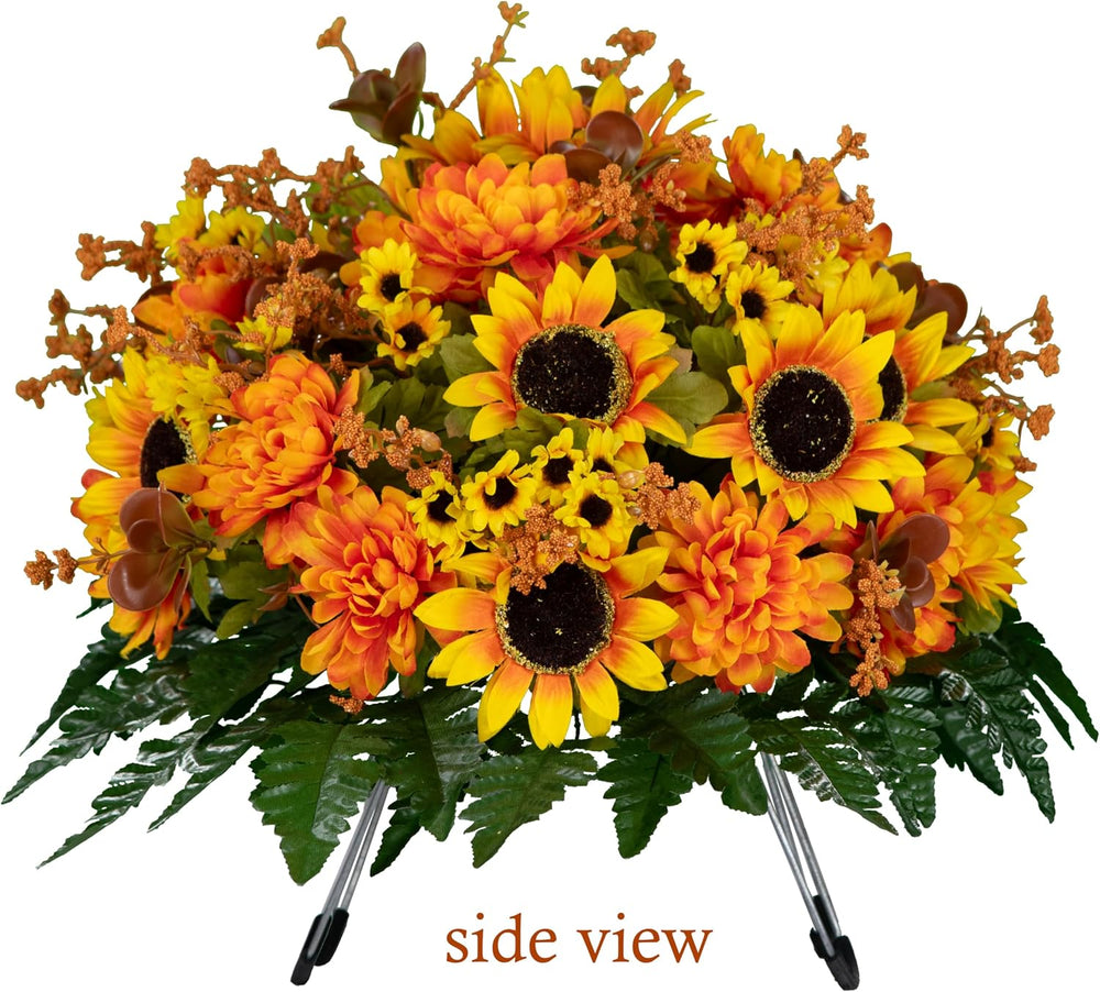 Sympathy Silks 30-Inch Fall Headstone Saddle, Sunflowers & Amber Mums