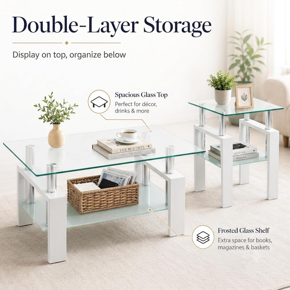 Meihua 3-Piece Glass Coffee Table Set, Center Table with 2 End Tables | Tempe...