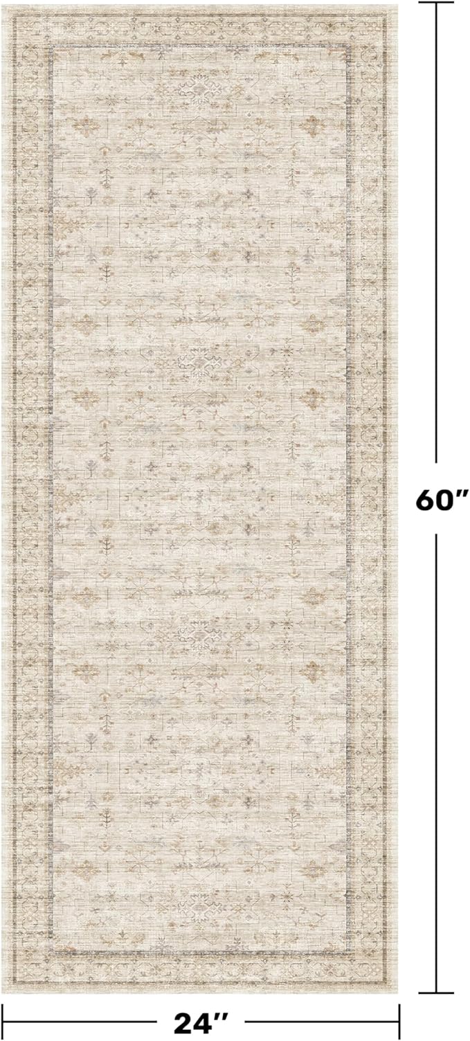 Cream 2x5 Runner Rugs for Bathroom Floor, Geometric Floral Throw Rugs Washable - Image 2