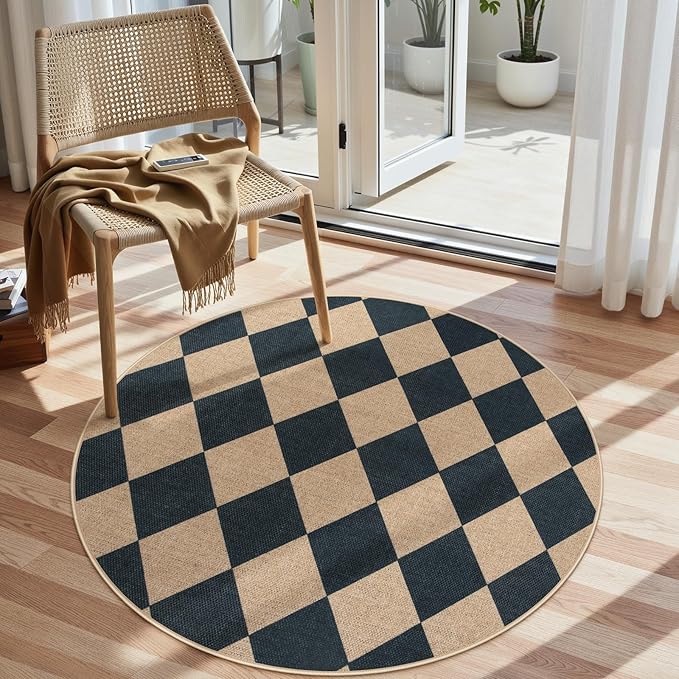 Lahome Colette Checkered Round Entryway Rug 4ft, Circle Indoor Outdoor Patio by Lahome
