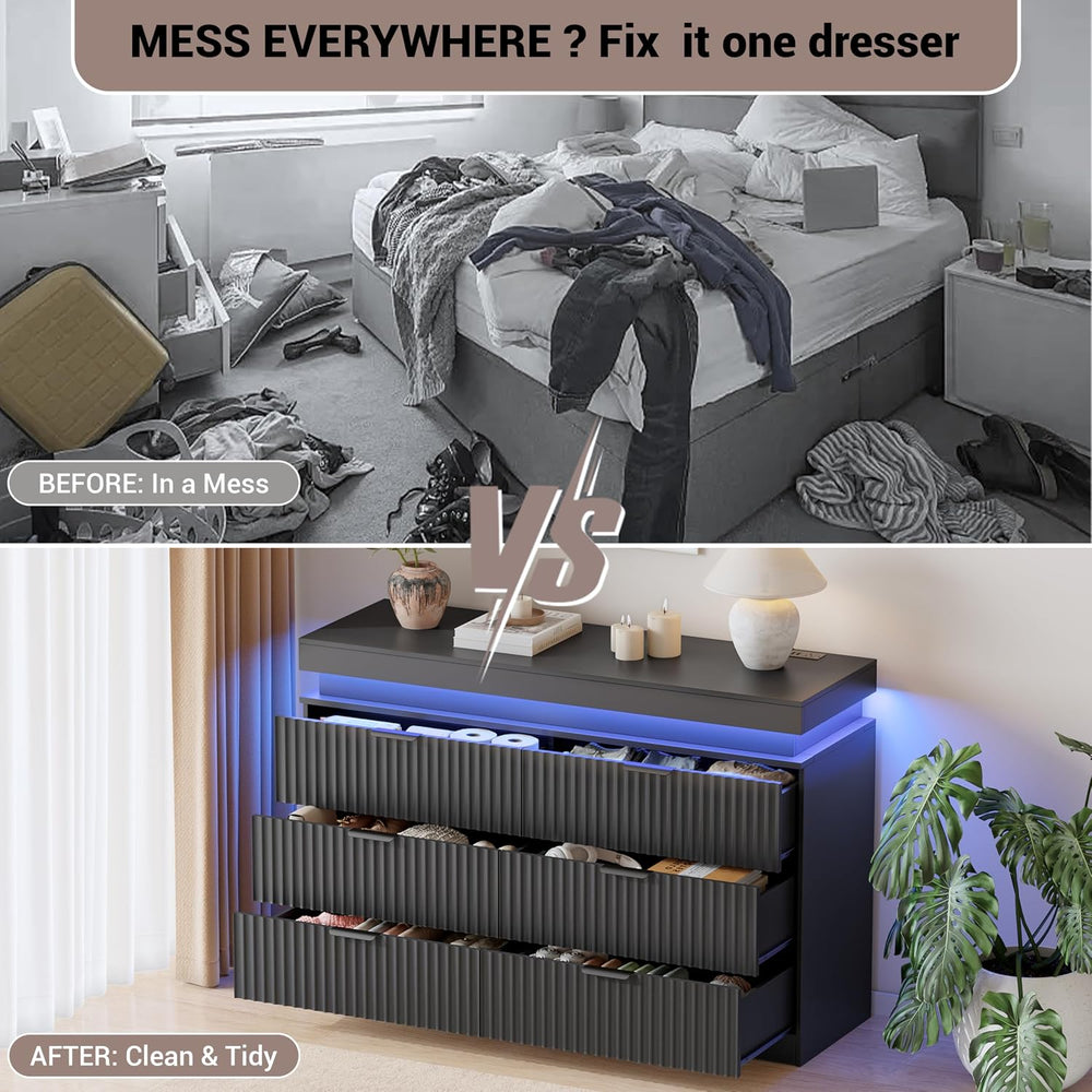 Fluted 6 Drawer Dresser for Bedroom with Charging Station, Black
