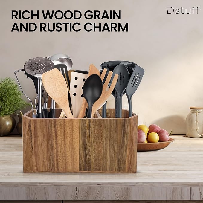 Large Kitchen Utensil Holder for Countertop – Acacia Wood Utensil Organizer - Image 8