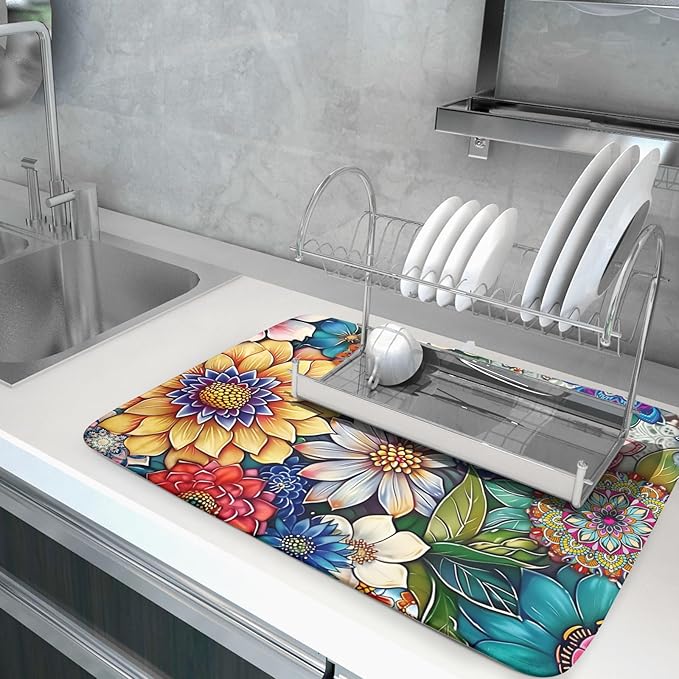 Boho Floral Dish Drying Mat for Kitchen Counter 16x18 Inch Boho Blooming Flower - Image 5