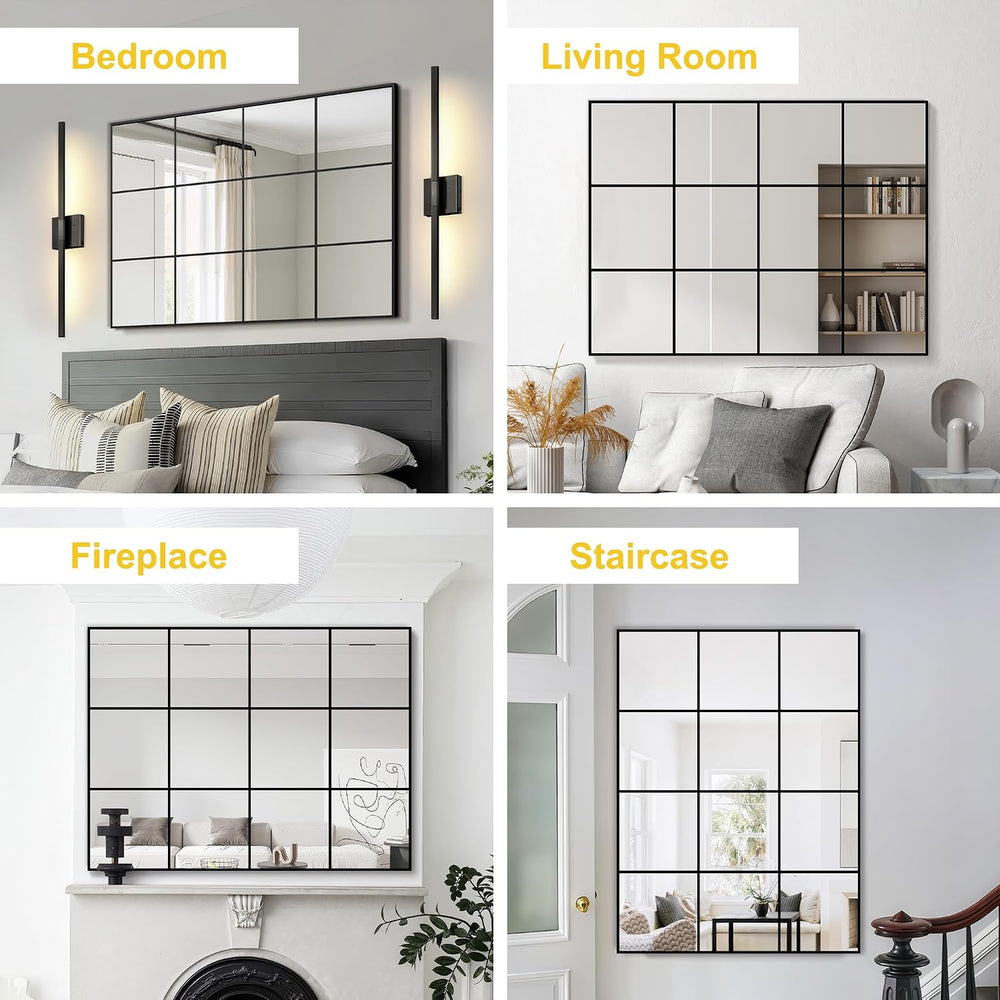 Window Pane Wall Mirror with Metal Frame 40"x30" Black