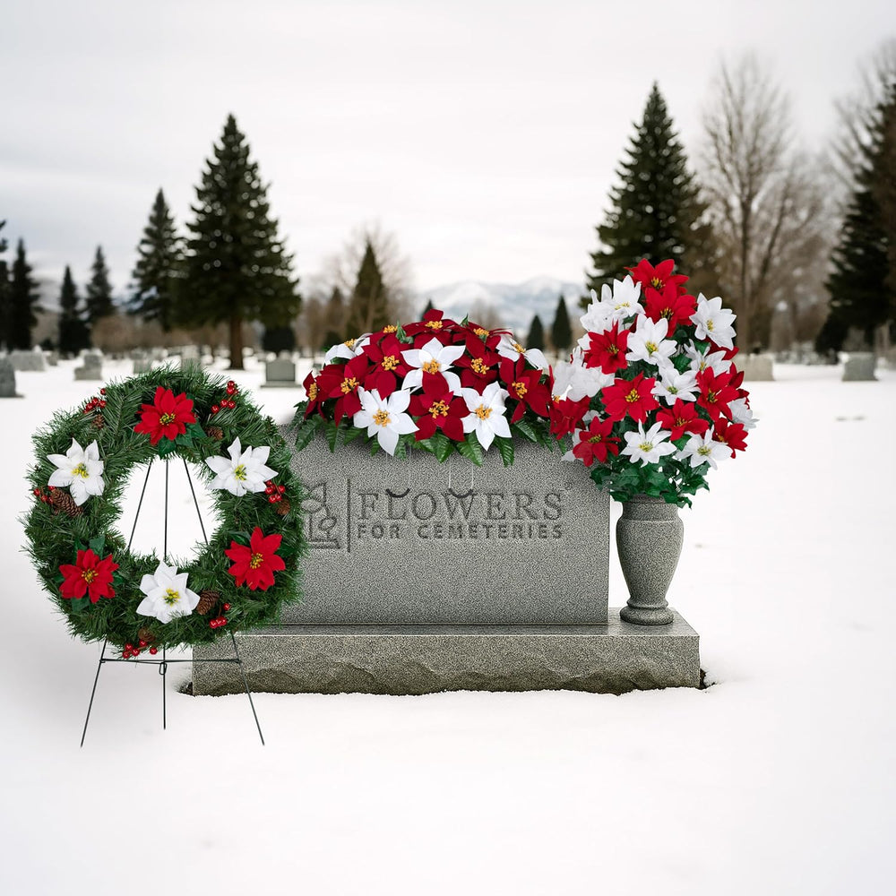 Sympathy Silks 30-Inch Christmas Headstone Saddle, Red & White Poinsettias