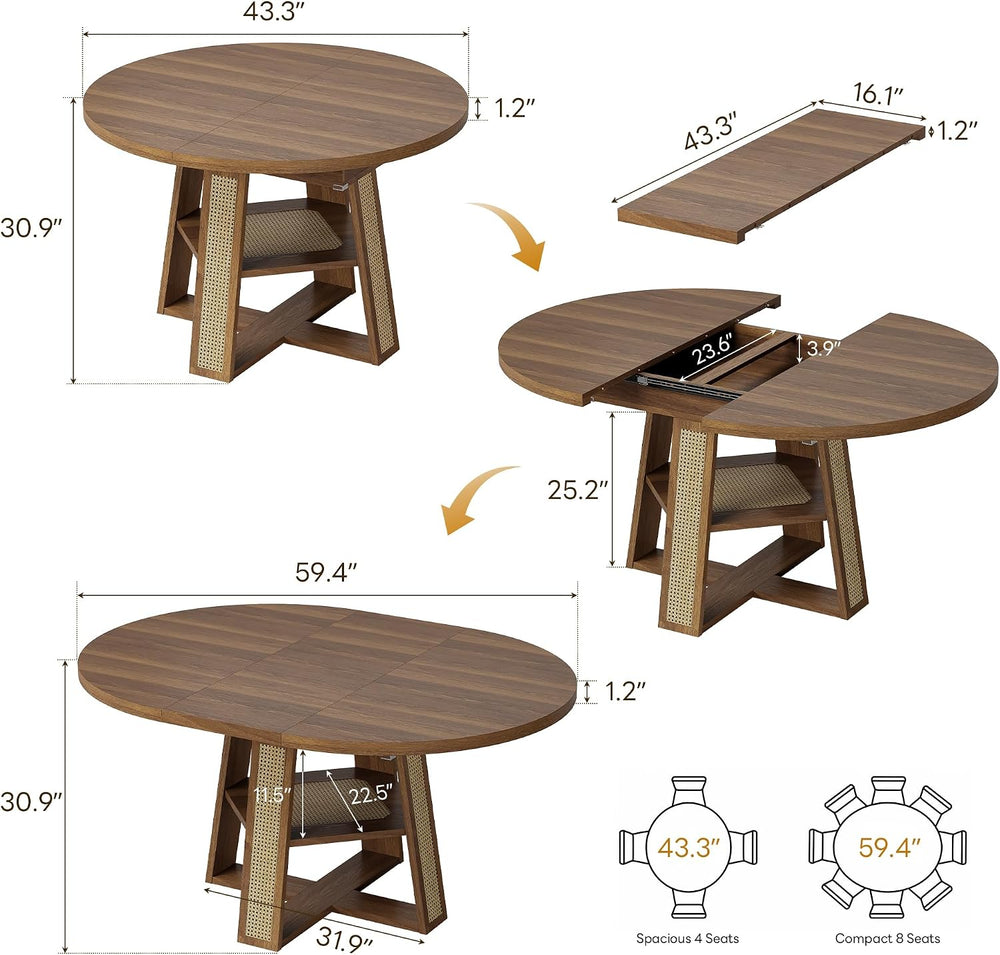 LIKIMIO Dining Table, 43"-59" Extendable Round to Oval with Storage...