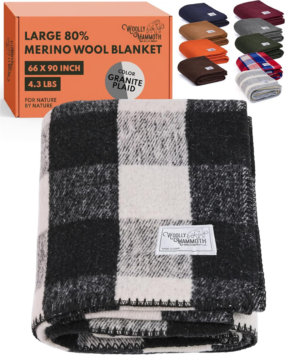Woolly Mammoth Merino Wool Blanket, Fall Camping Blanket, 66"x90" G...