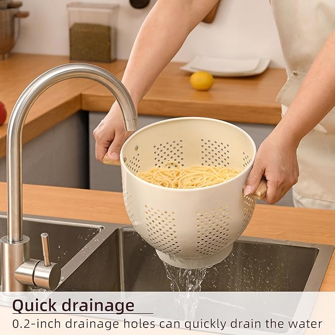 Metal Colander with Wood Handle and Stable Base, 5.5 Quart Powder Coated Steel - Image 3