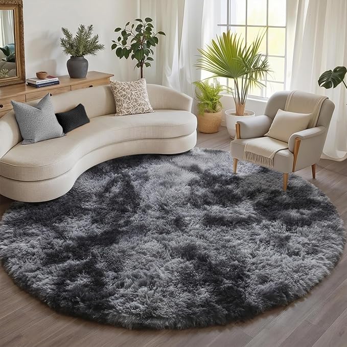 ONASAR Round Rugs 6ft for Living Room Bedroom, Tie-Dyed Dark Grey Fluffy Circle by ONASAR