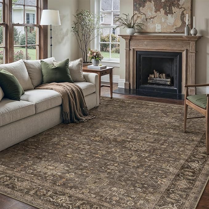 10x14 Washable Area Rug for Living Room Bedroom Vintage Brown Non Slip Carpet - Image 5