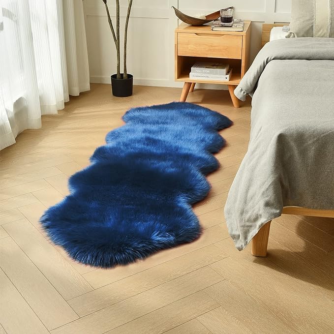 duduta Navy Blue Faux Sheepskin Runner Rugs 2x6 ft, Fluffy Shag Bedroom Bedside by duduta