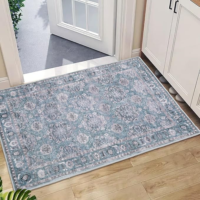 SERISSA Vintage Floral Rugs for Entryway, 2x3 Blue Grey Entryway Rug Non-Slip by SERISSAHomeDecorCollection