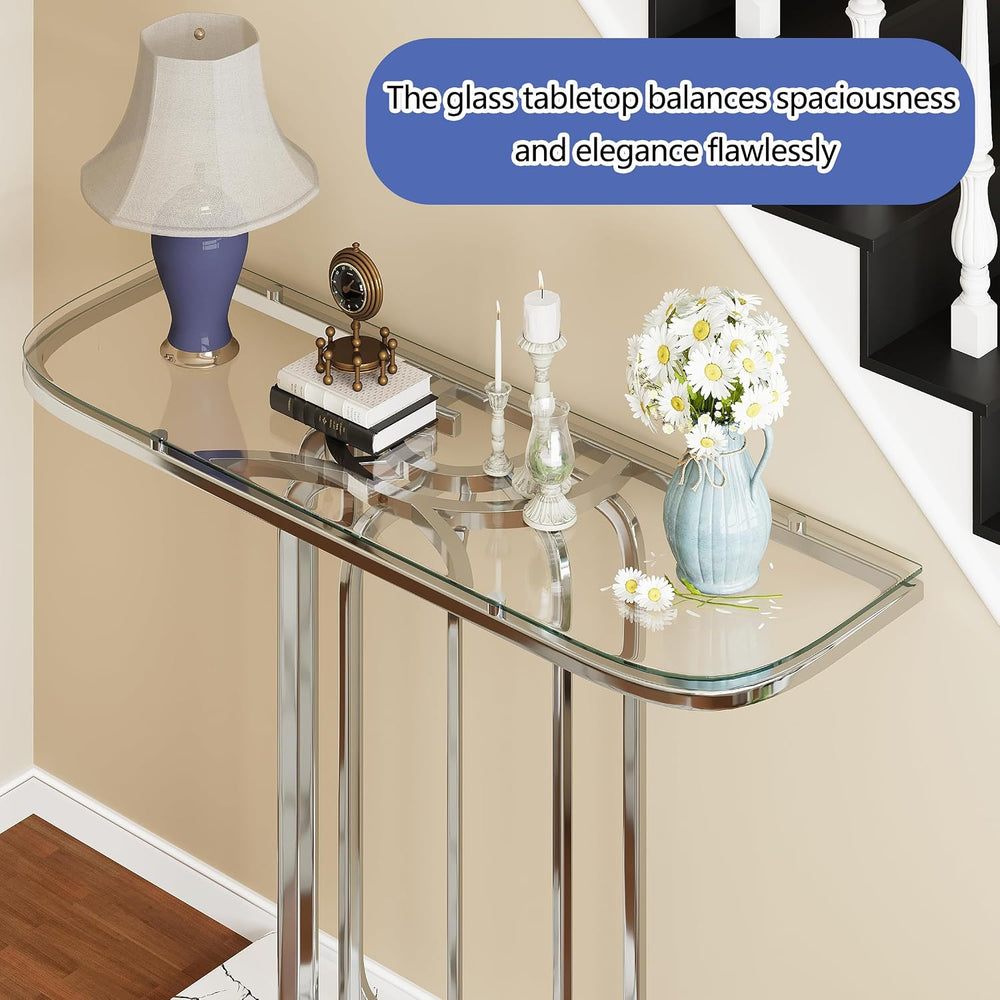 O&K FURNITURE 43" Modern Glass Console Table with Curved Chrome Fram...