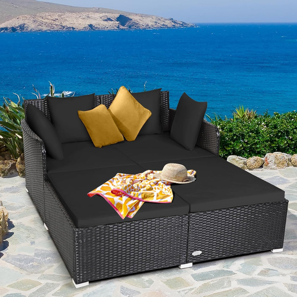 Tangkula Outdoor Rattan Daybed, Wicker Furniture with Spacious Seat, Upholste...