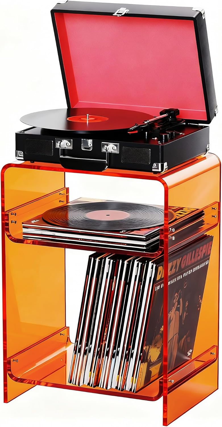 Acrylic Record Player Table with Storage Shelf, Clear Side Table Nightstand (...