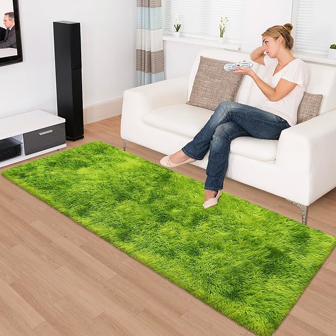 Tie-Dyed Runner Rug for Bedroom Green 2x6ft Fluffy Area Rug Bedside Runner Rug - Image 4