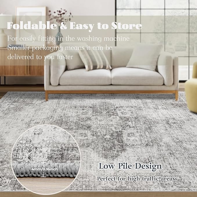 Area Rug 6x9 Washable Rug, Vintage Boho Medallion Rugs Non-Slip Soft Low Pile - Image 7