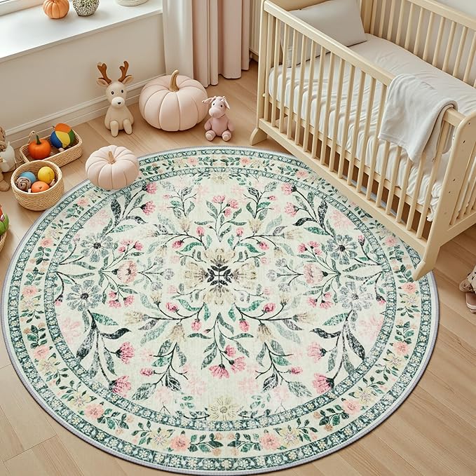 Round Area Rug for Living Room: 6 ft Floral Washable Circle Rug Soft Non-Slip - Image 5