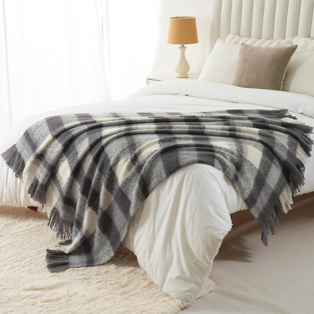 Black Grey Plaid Throw Blanket for Couch, Soft Mohair Tartan Blanket 50x60