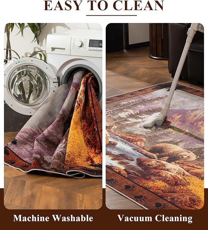 YIHOUSE Rustic Cabin Area Rug for Bedroom 6x9, Machine Washable Woodland Bear - Image 6