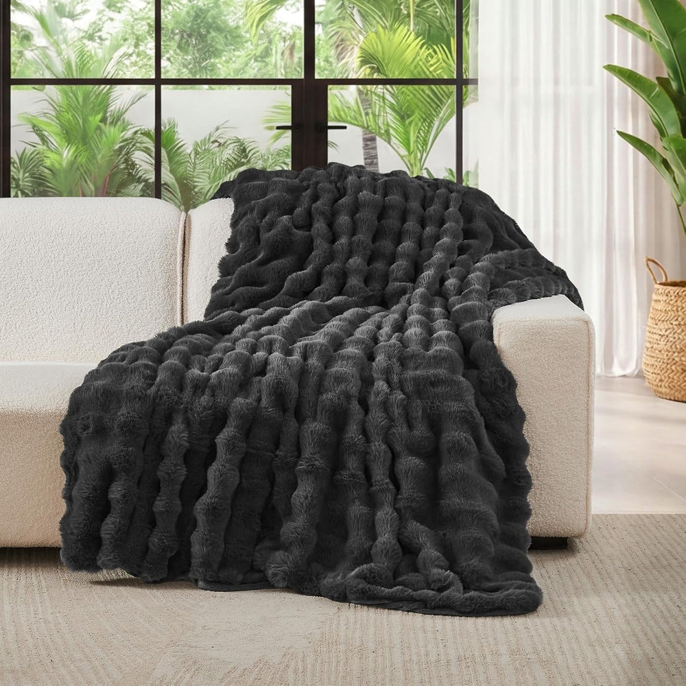 Lotus Karen Queen Size Faux Fur Blanket Dark Gray - Big Bubble Rabbit Fluff T...
