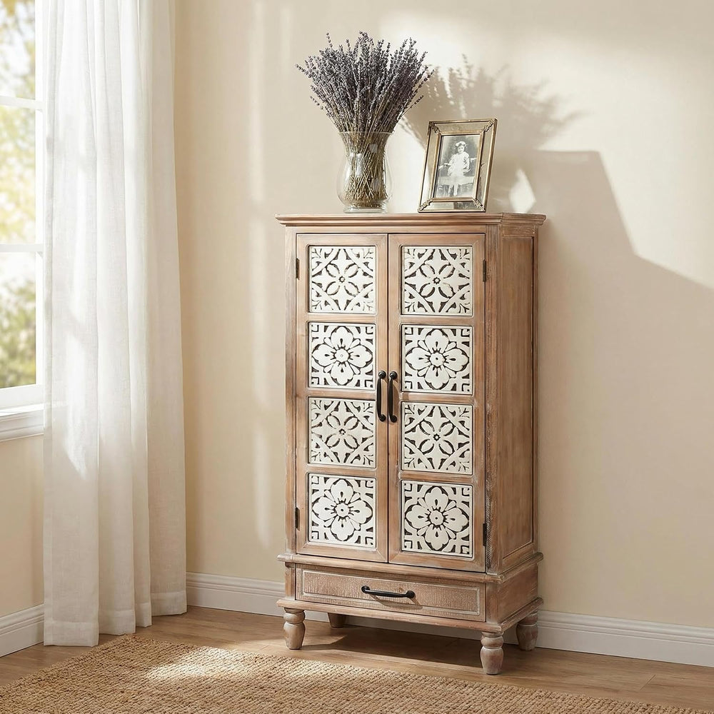 55" Tall Carved Accent Cabinet,Solid Wood Sideboards Buffet Cabinet