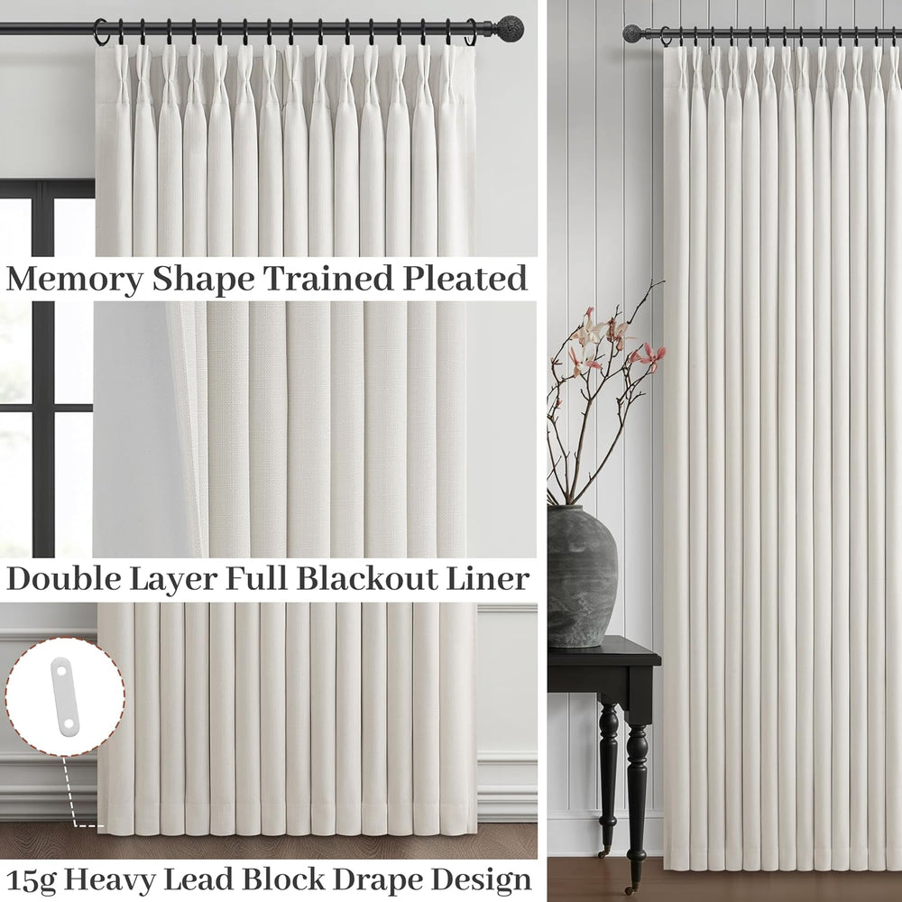100% Blackout Linen 96 Inch Curtains 2 Panel Set for Bedroom, Modern Pinch Pl...