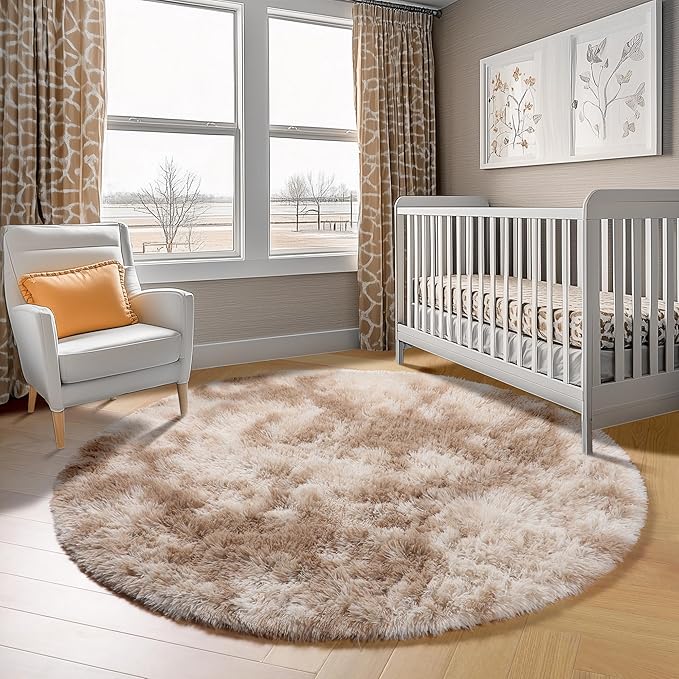 ONASAR Round Rugs 6ft for Living Room Bedroom, Tie-Dye Beige Fluffy Circle Area - Image 8