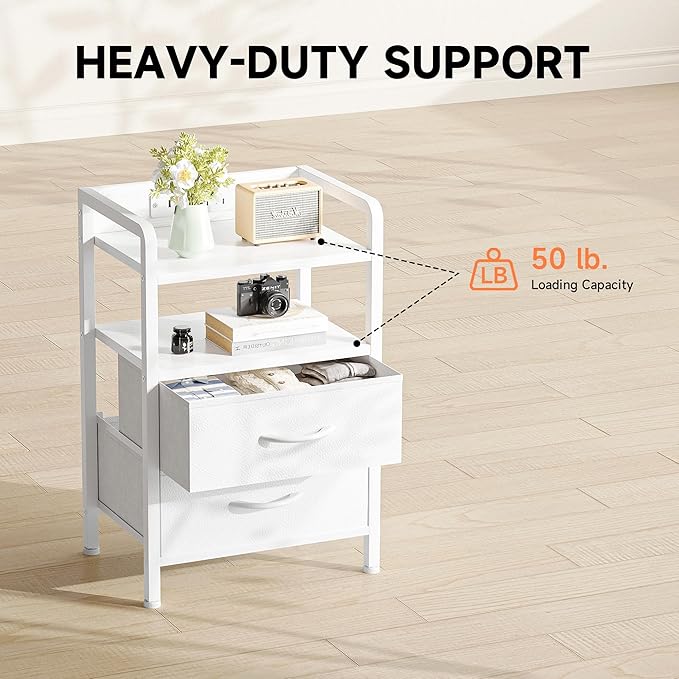 Night Stand Bedside Table Bedroom - White Nightstand with Charging Station &a...