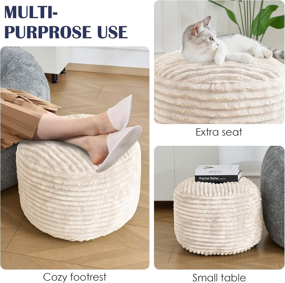 Round Pouf Ottoman,Corduroy Foot Rest,Beige,18x14 in