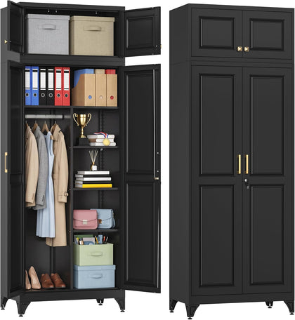 86" Metal Wardrobe Closet with Lock, Tall Armoire, Black