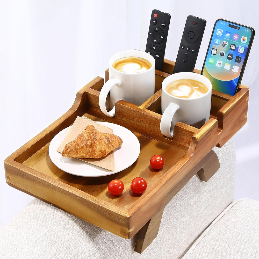 Couch Armrest Table, Acacia Wood Sofa Arm Table with 2 Cup Holders, 15.4&quot...