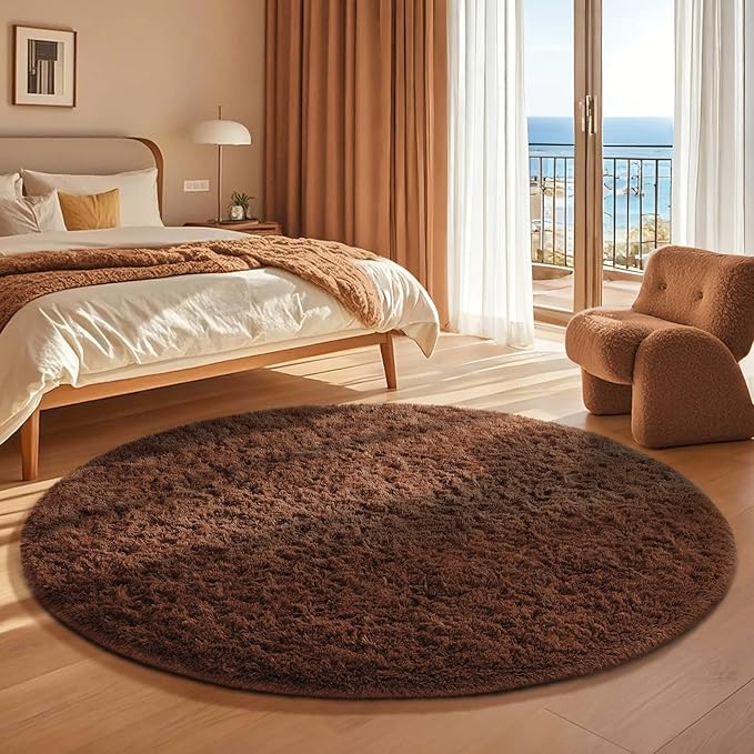 Ophanie Round Rug 4Ft Brown Circle Area Rug, Fluffy Fuzzy Small Bedroom Carpet - Image 5