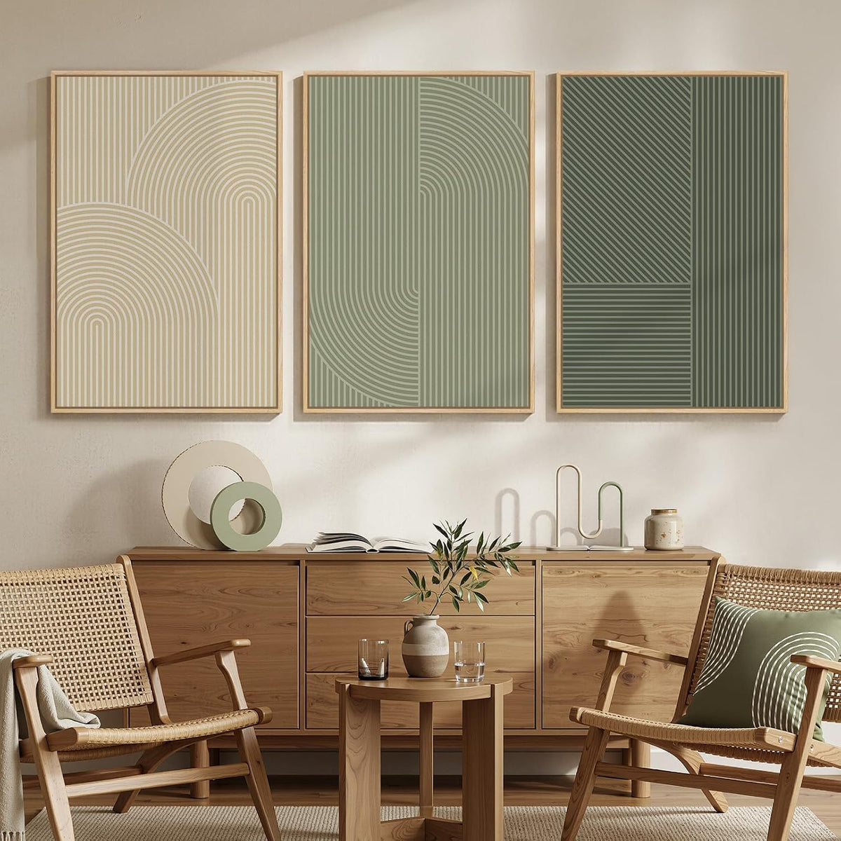 large framed green neutral beige abstract wall art shown in use