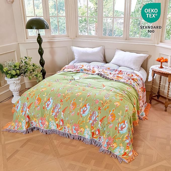 MSGKV Boho Throw Blanket 90"x108" Floral 100% Cotton Blanket - Image 7