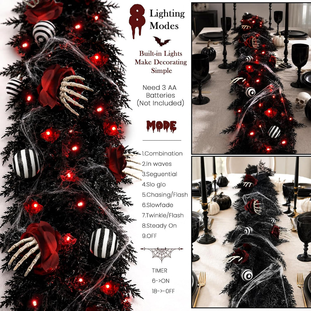 9FT Black Garland with Lights and Ornaments Prelit Halloween Decoration
