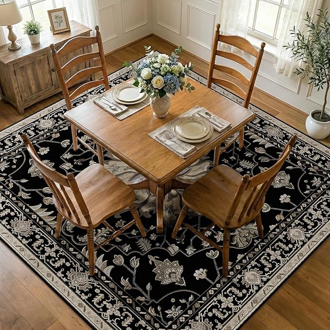 Area Rugs Square 7ft Washable Non-Slip, Floral Vintage Distress Print Pattern by RELEANY