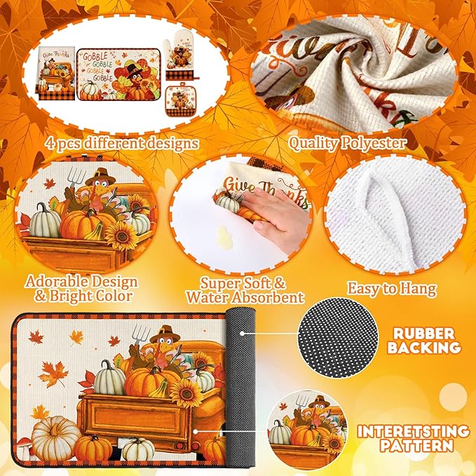 Fanfanwin 10 Pcs Fall Thanksgiving Turkey Kitchen Decor Set Kitchen Towels Pot