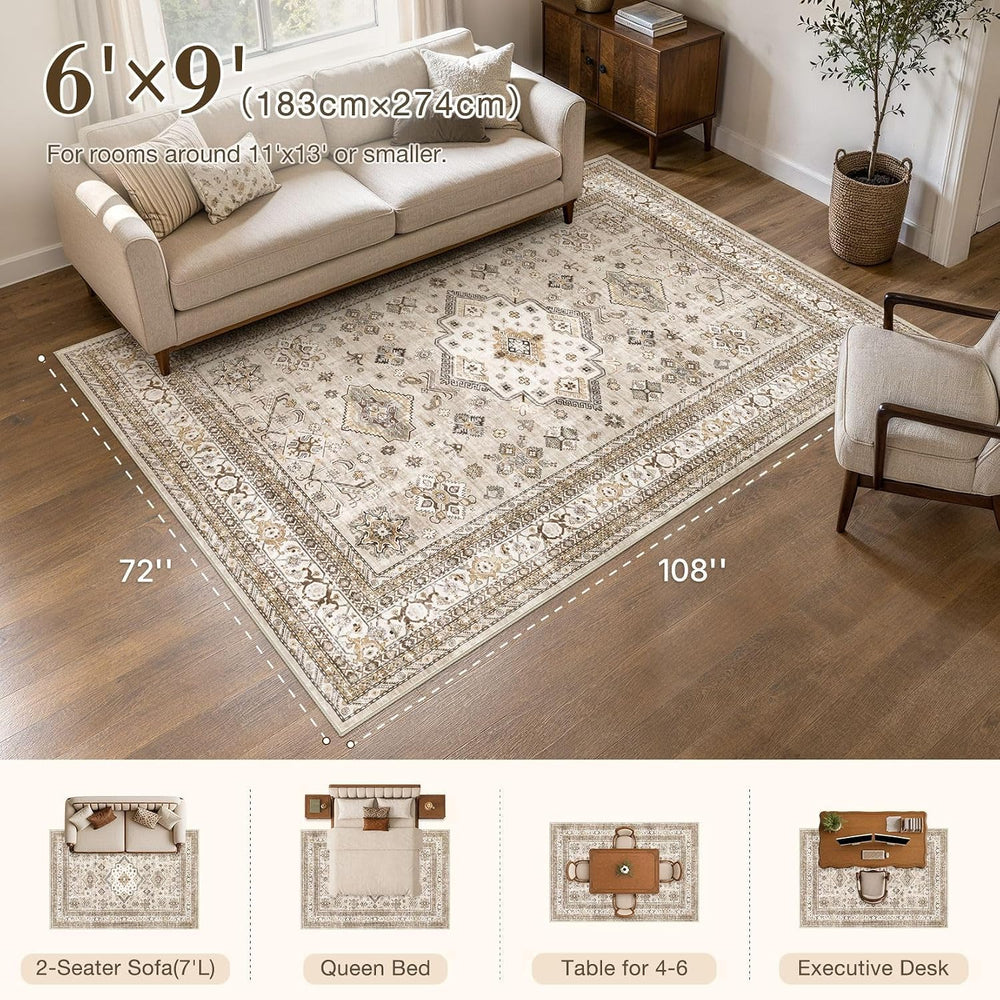 cotiled 6x9 Area Rug for Living Room, Washable, Traditional, Beige