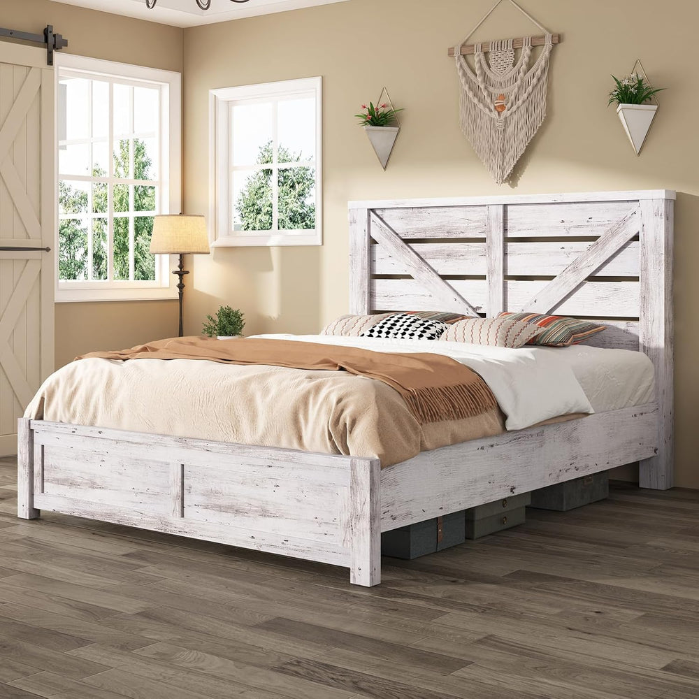 AMERLIFE Farmhouse Full Bed Frame with 49.2" Barn Door Headboard, White