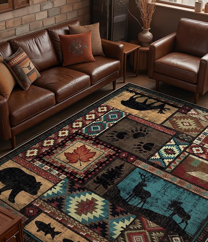 YIHOUSE Rustic Cabin Area Rug 8x10, Machine Washable Lodge Bear Rug, Non-Slip by YIHOUSE