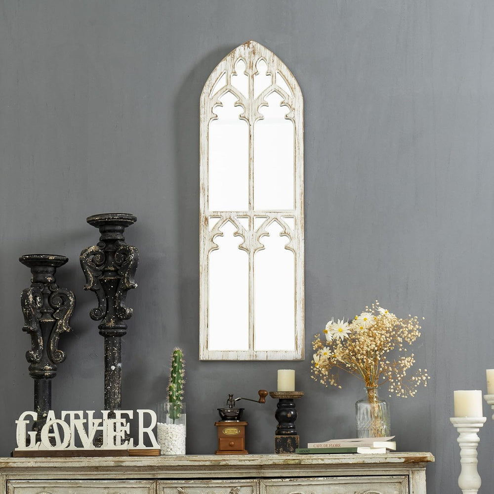Farmhouse Wood Frame Arched Window Mirror 12 x 38 inches
