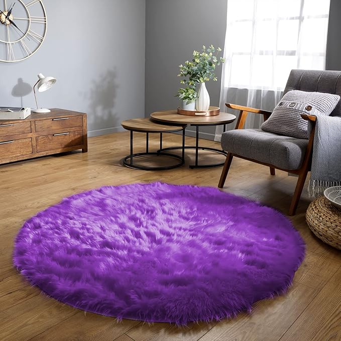 Latepis Round Fluffy Rug 5ft Purple Circle Rugs by Latepis