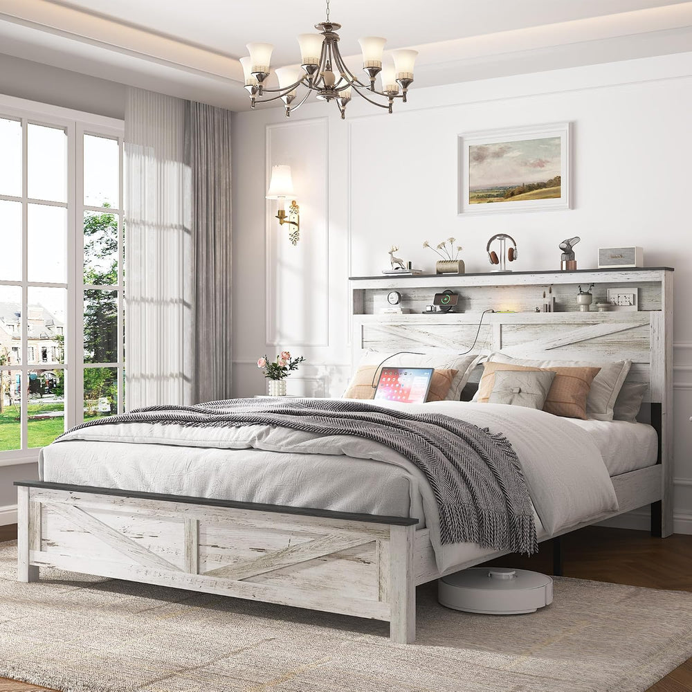 Full Size Farmhouse Wooden Bed Frame with Storage Headboard