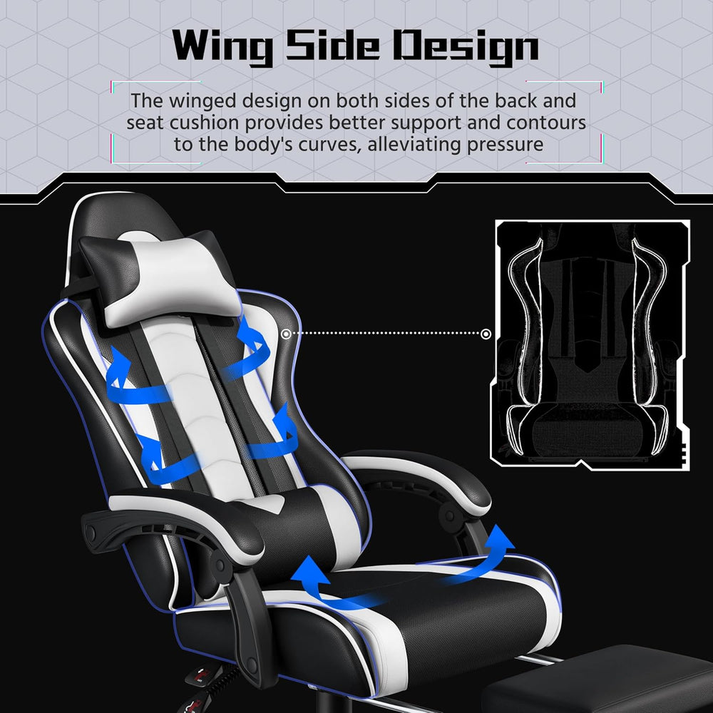 Yaheetech Gaming Chair with Footrest Massage Lumbar Pillow Black and White
