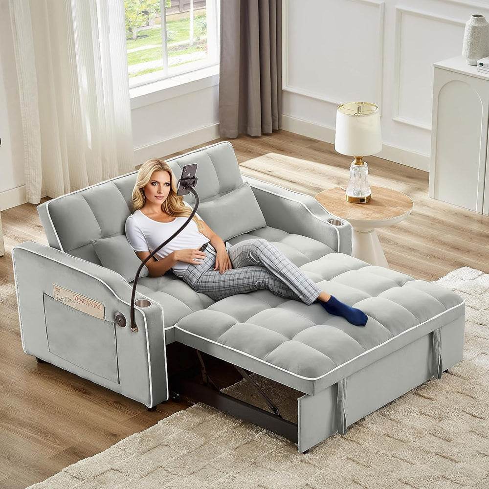 Sleeper Sofa Couch Bed with Phone Holder, Modern 3-in-1 Convertible Velvet Pu...