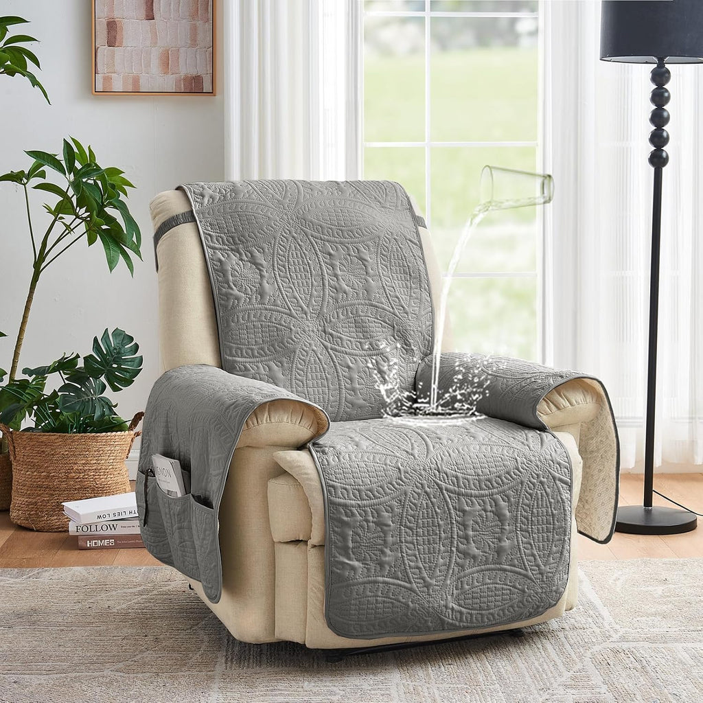 NapCloud Gray Quilted Recliner Chair Covers, Water-Repellent Recliner Covers, Lazy Boy Chair Covers, Pet Friendly Recliner Slipcover for Dogs Cats, Washable Furniture Protector (Recliner 22", Gray)
